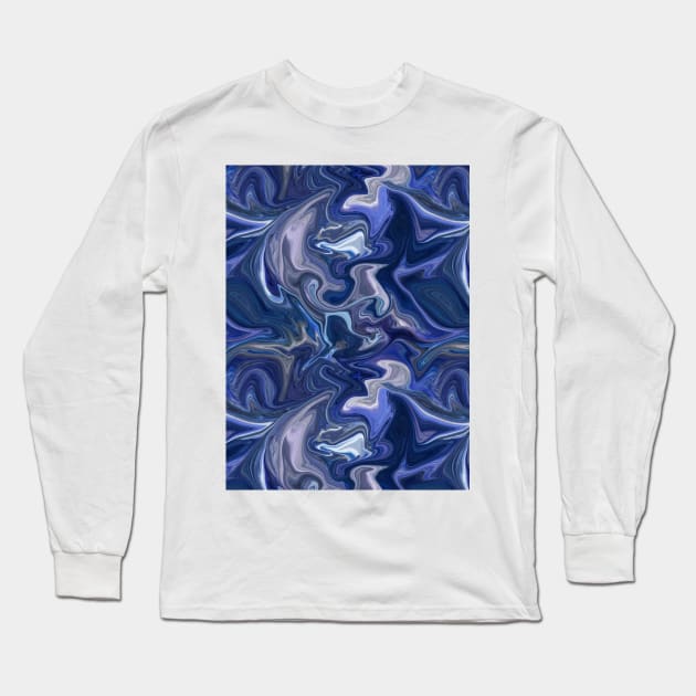 Deep Blue Silk Marble - Digital Liquid Paint Long Sleeve T-Shirt by GenAumonier